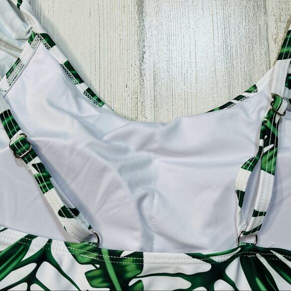 Palm Leaf Ruffled Peplum Tankini Swimsuit with High Waisted Striped Bottoms - Picture 7 of 9